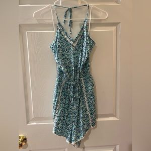 Hollister Blue and Green Floral Tie Back Romper (S)